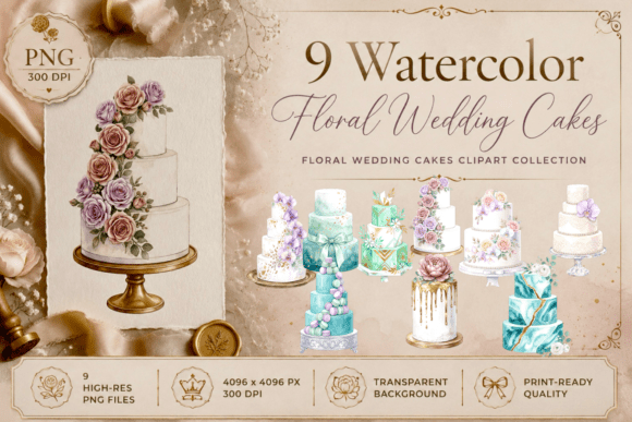 Watercolor Wedding Cake Clipart PNG Gold: A Sweet Design Suite